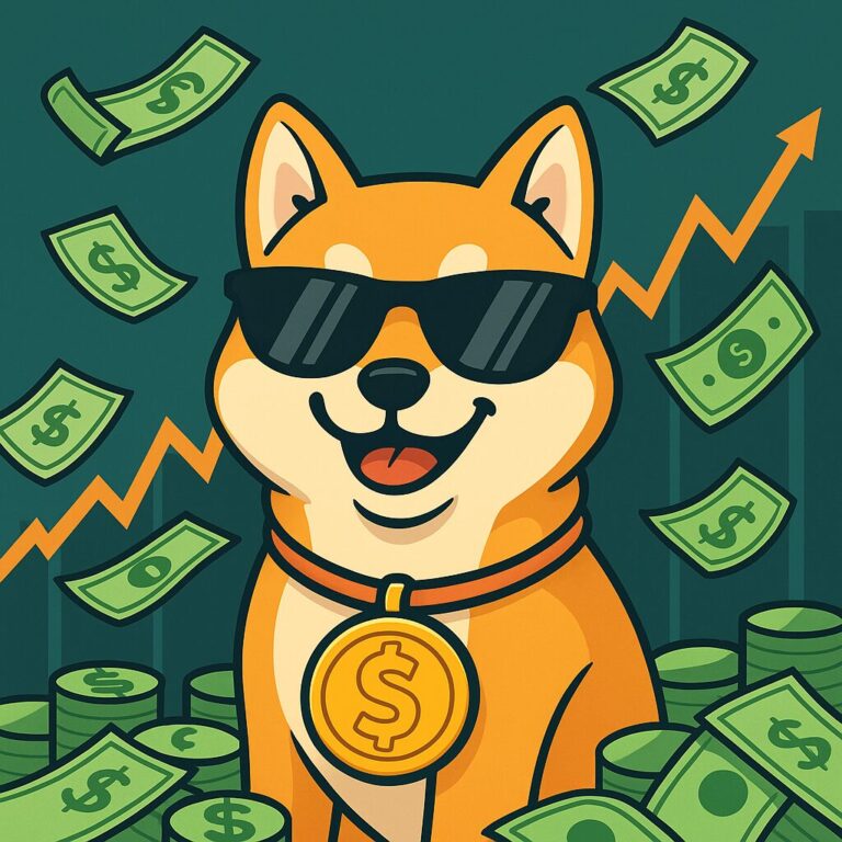 Cartoon van Shiba Inu met zonnebril, dollarbiljetten en stijgende koersgrafiek — symbool voor memecoins