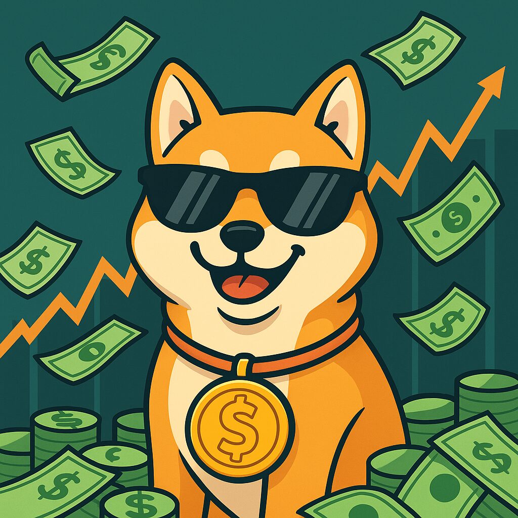Cartoon van Shiba Inu met zonnebril, dollarbiljetten en stijgende koersgrafiek — symbool voor memecoins