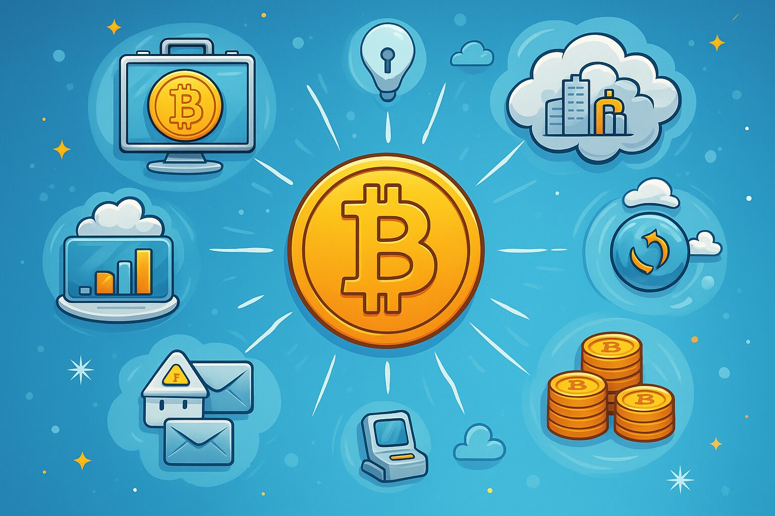 Illustratie met een Bitcoin-symbool en iconen die crypto uitleggen zoals blockchain, transacties en waardeopslag