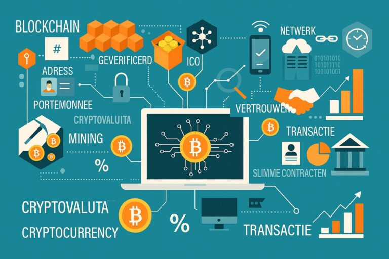 Infographic van blockchaintechnologie met Bitcoin, cryptovaluta, transacties, netwerken, mining en slimme contracten