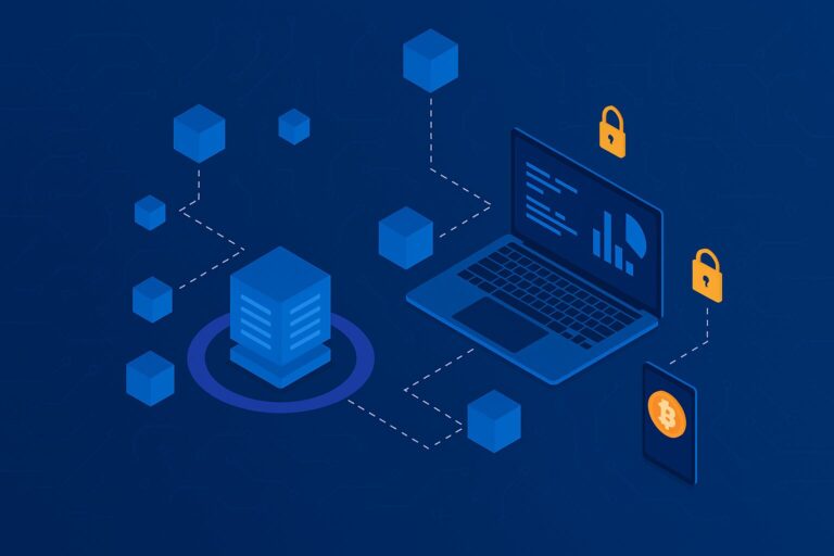 Visualisatie van on-chain data op de blockchain met verbonden blokken, laptop en beveiligingspictogrammen.