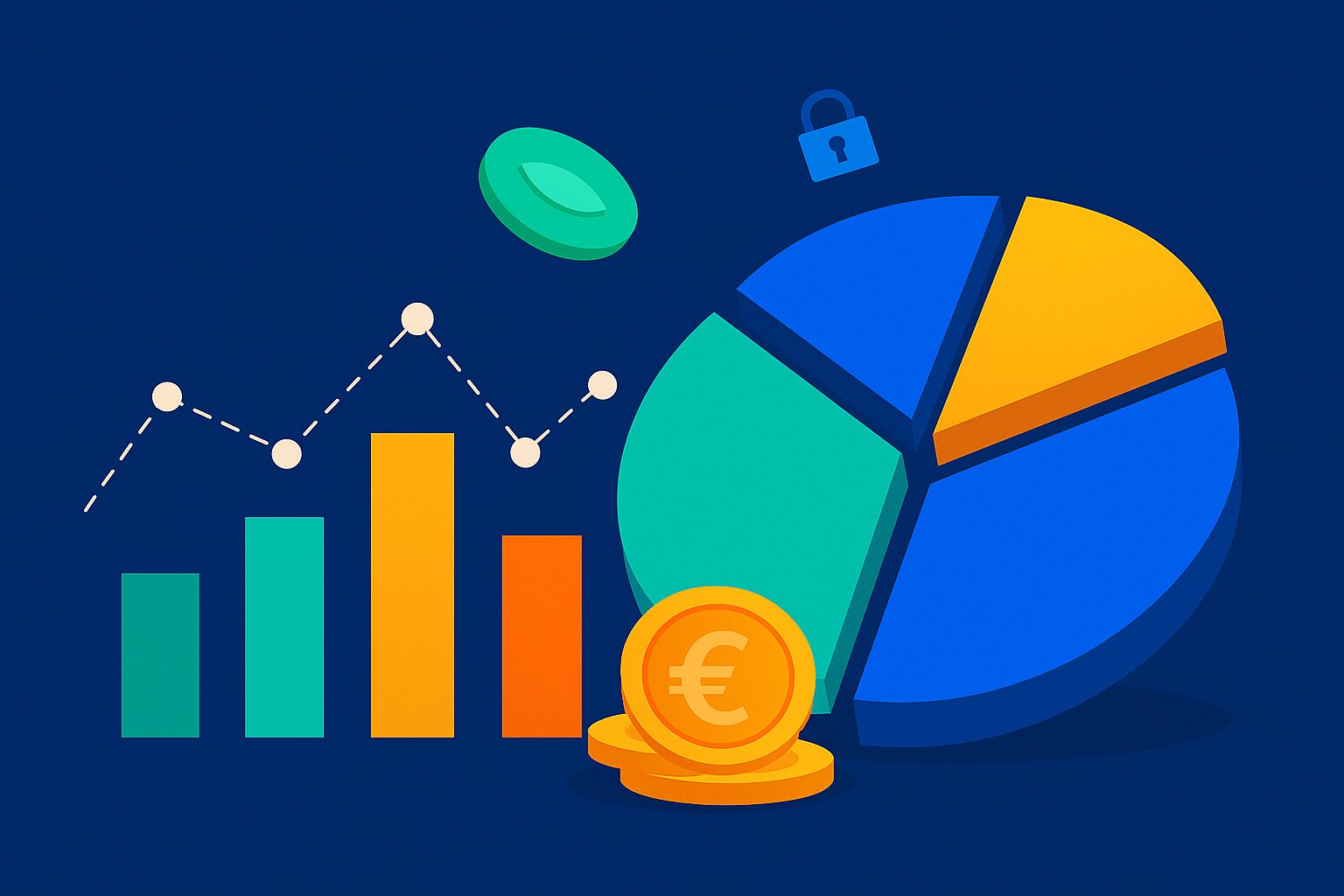 Moderne illustratie van een financieel portfolio met cirkeldiagram, staafgrafiek en eurotekens, gericht op investering en spreiding.