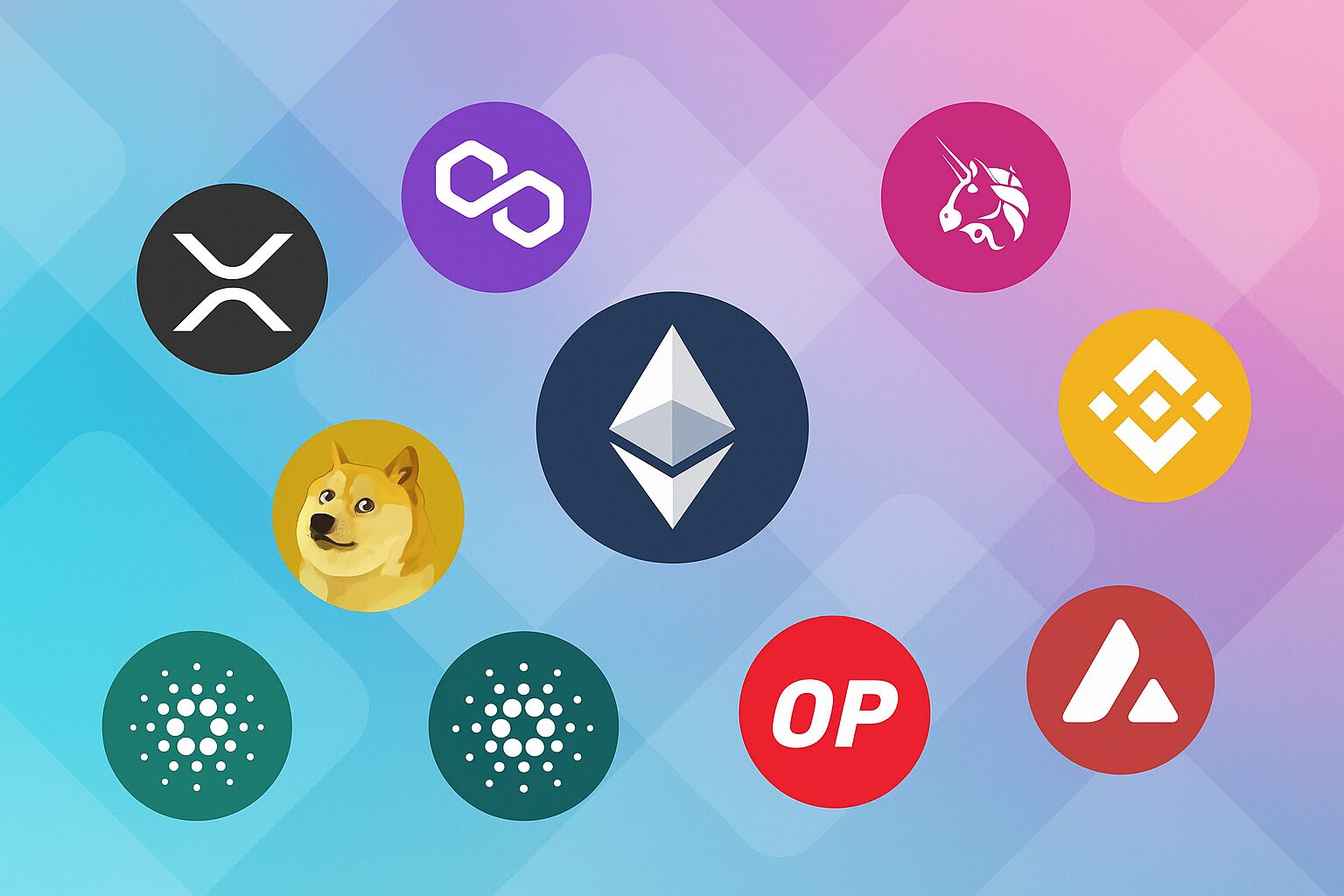 Top 10 altcoins weergegeven als kleurrijke digitale munten, inclusief Ethereum, Binance Coin, Polygon, Uniswap, XRP, Dogecoin, Cardano, Avalanche en Optimism, tegen een moderne kleurrijke achtergrond.