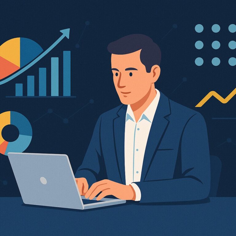 Illustratie van een data-analist die werkt op een laptop, omringd door grafieken en visualisaties op een moderne, donkerblauwe achtergrond.