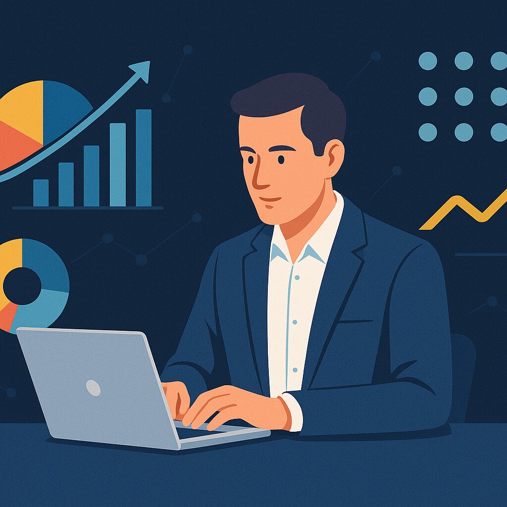 Illustratie van een data-analist die werkt op een laptop, omringd door grafieken en visualisaties op een moderne, donkerblauwe achtergrond.