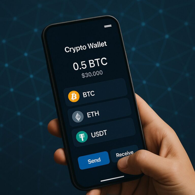“Persoon gebruikt crypto wallet app op smartphone met zichtbaar Bitcoin, Ethereum en USDT saldo”