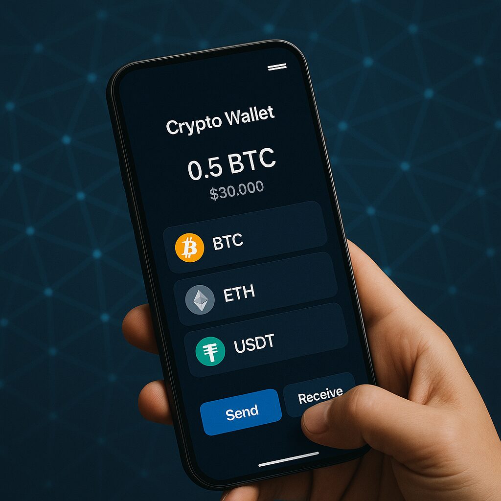 “Persoon gebruikt crypto wallet app op smartphone met zichtbaar Bitcoin, Ethereum en USDT saldo”